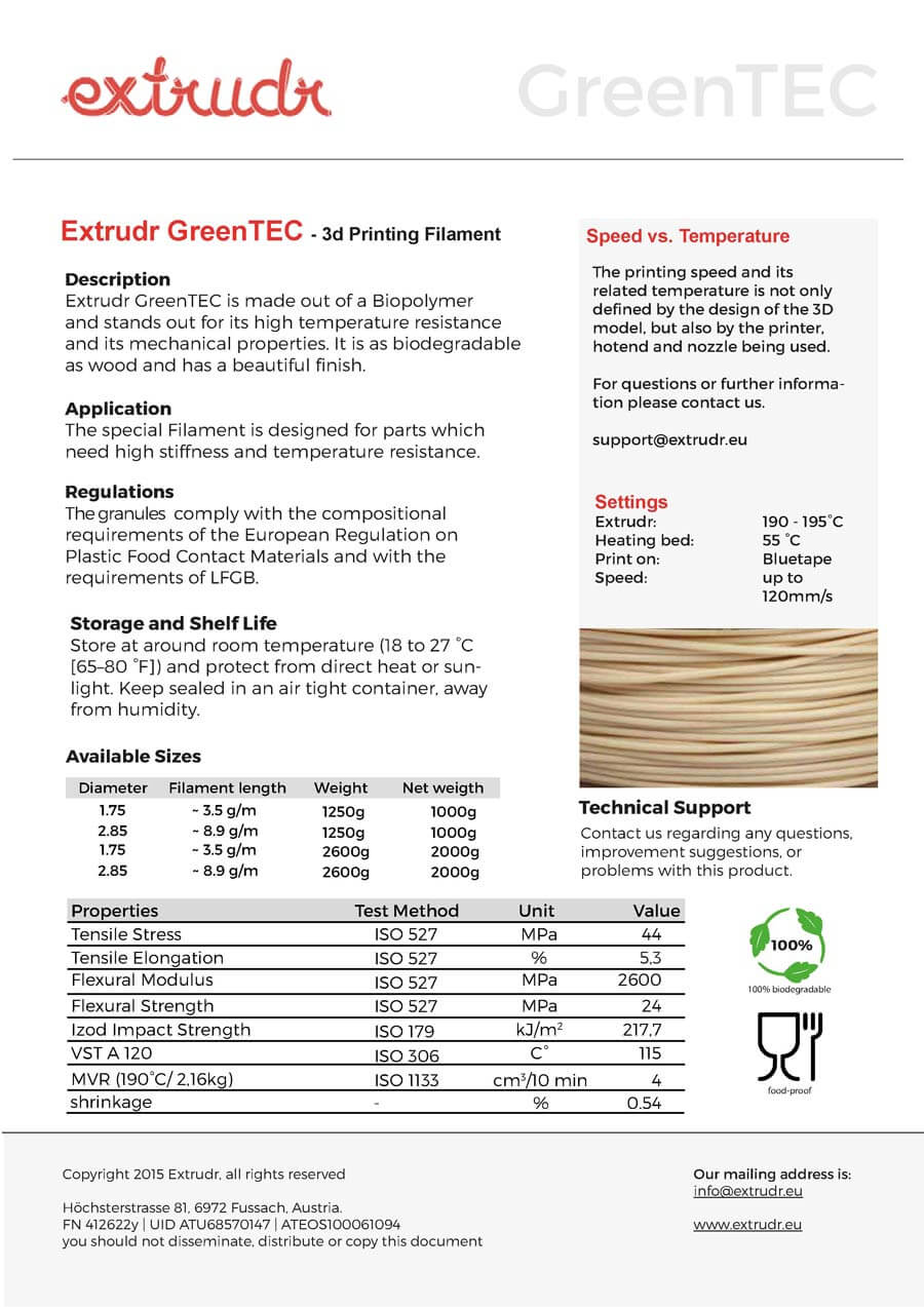 Green TEC Filament Datenblatt